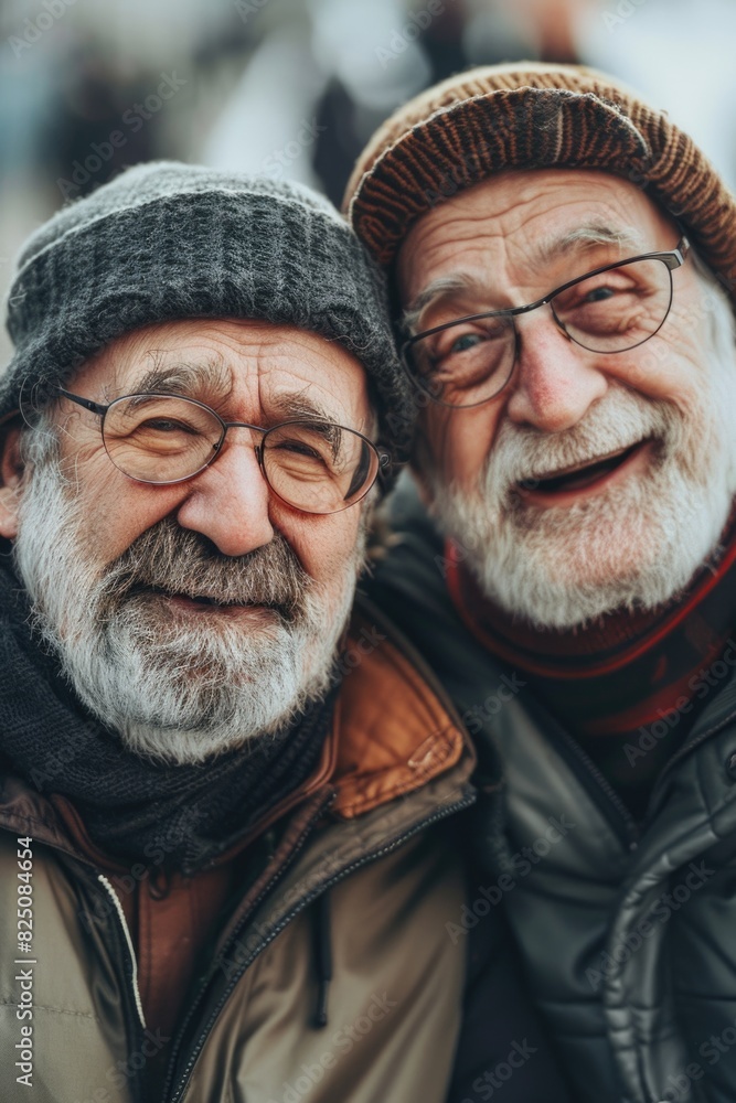Two men wearing glasses and hats are smiling at the camera. They are both wearing jackets and scarves Two men wearing glasses and hats are smiling at the camera. They are both wearing jackets and scarves