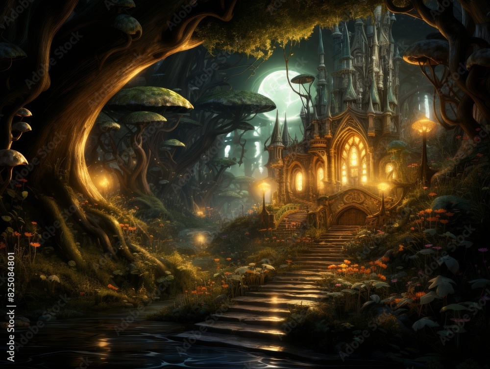 A mysterious gothic castle bathed in moonlight, nestled amidst a whimsical forest with glowing mushrooms and lanterns.