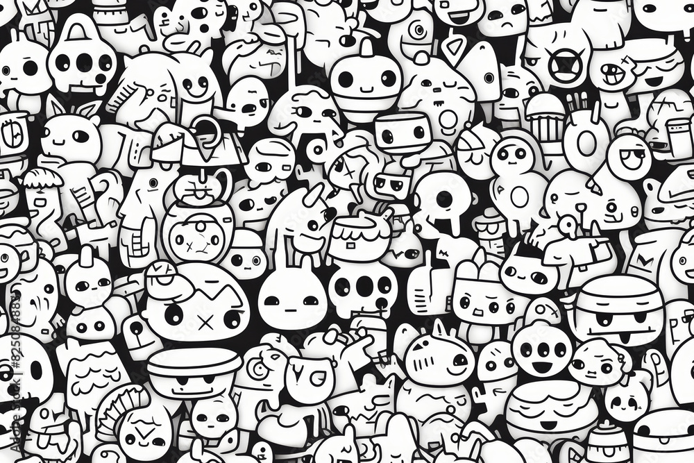 Seamless pattern with monochrome black and white colors and funny doodles, high-quality and print-ready