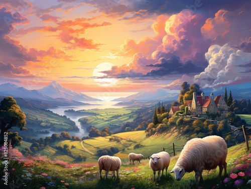 A peaceful countryside scene with sheep grazing in a field at sunset. Lush green hills, a winding river, and a distant village create a tranquil atmosphere. photo