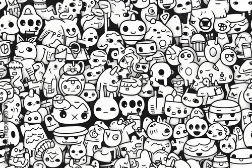 Seamless pattern with monochrome black and white colors and funny doodles  high-quality and print-ready