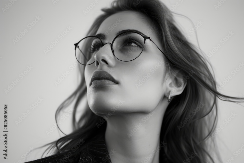 Fototapeta premium A woman with glasses is looking up at the camera. She has a serious expression on her face