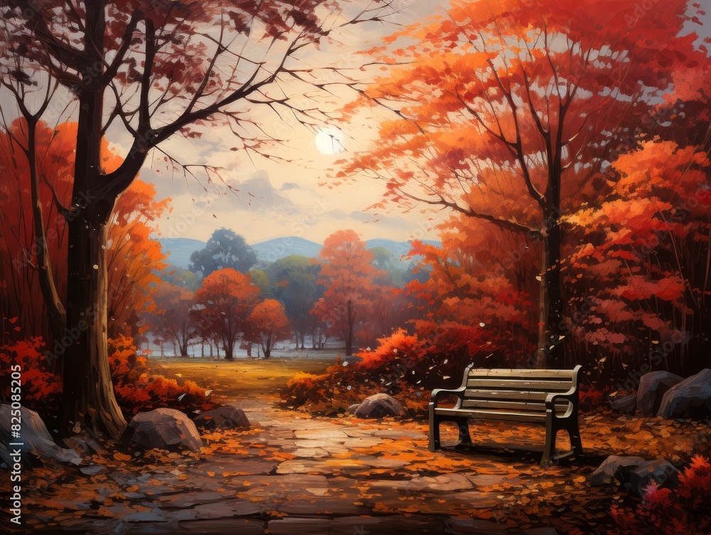A serene autumn scene with a bench nestled in a path through a park, surrounded by vibrant fall foliage.  The sun shines through the trees.