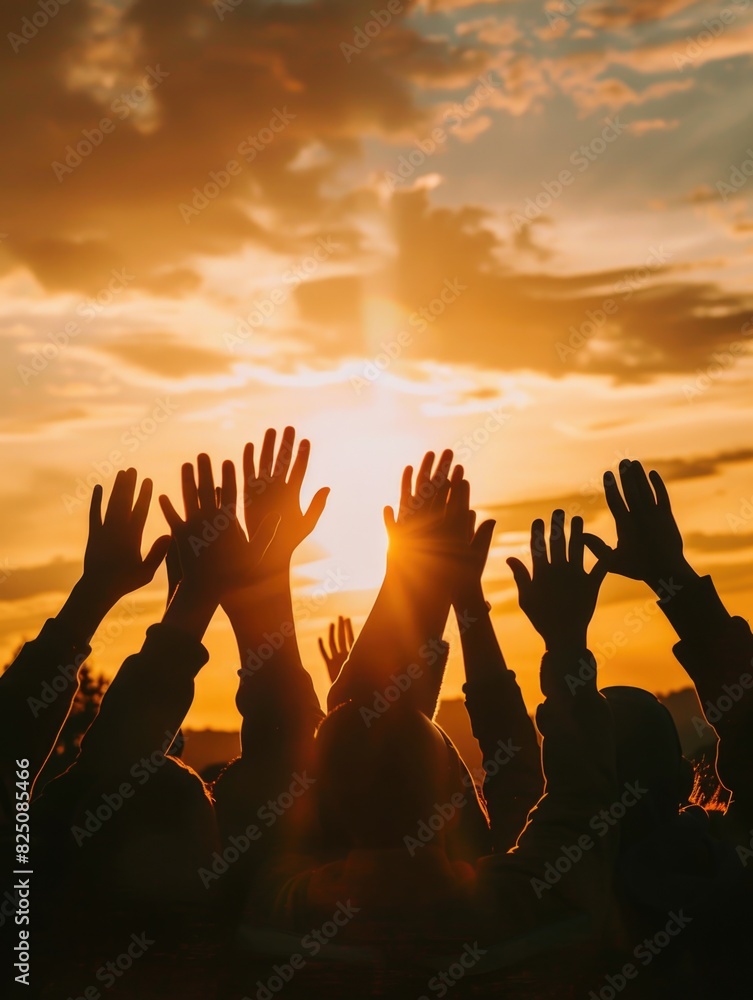 A group of people are holding hands and raising them in the air, with the sun shining on them. Scene is joyful and uplifting, as the people seem to be celebrating or expressing gratitude