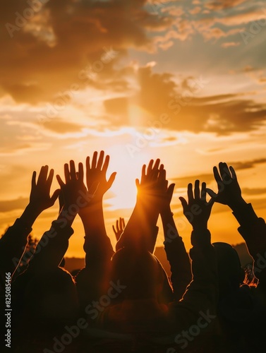 A group of people are holding hands and raising them in the air, with the sun shining on them. Scene is joyful and uplifting, as the people seem to be celebrating or expressing gratitude