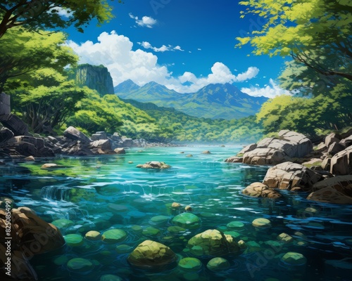 A tranquil river flows through a lush green valley, surrounded by majestic mountains and a clear blue sky.