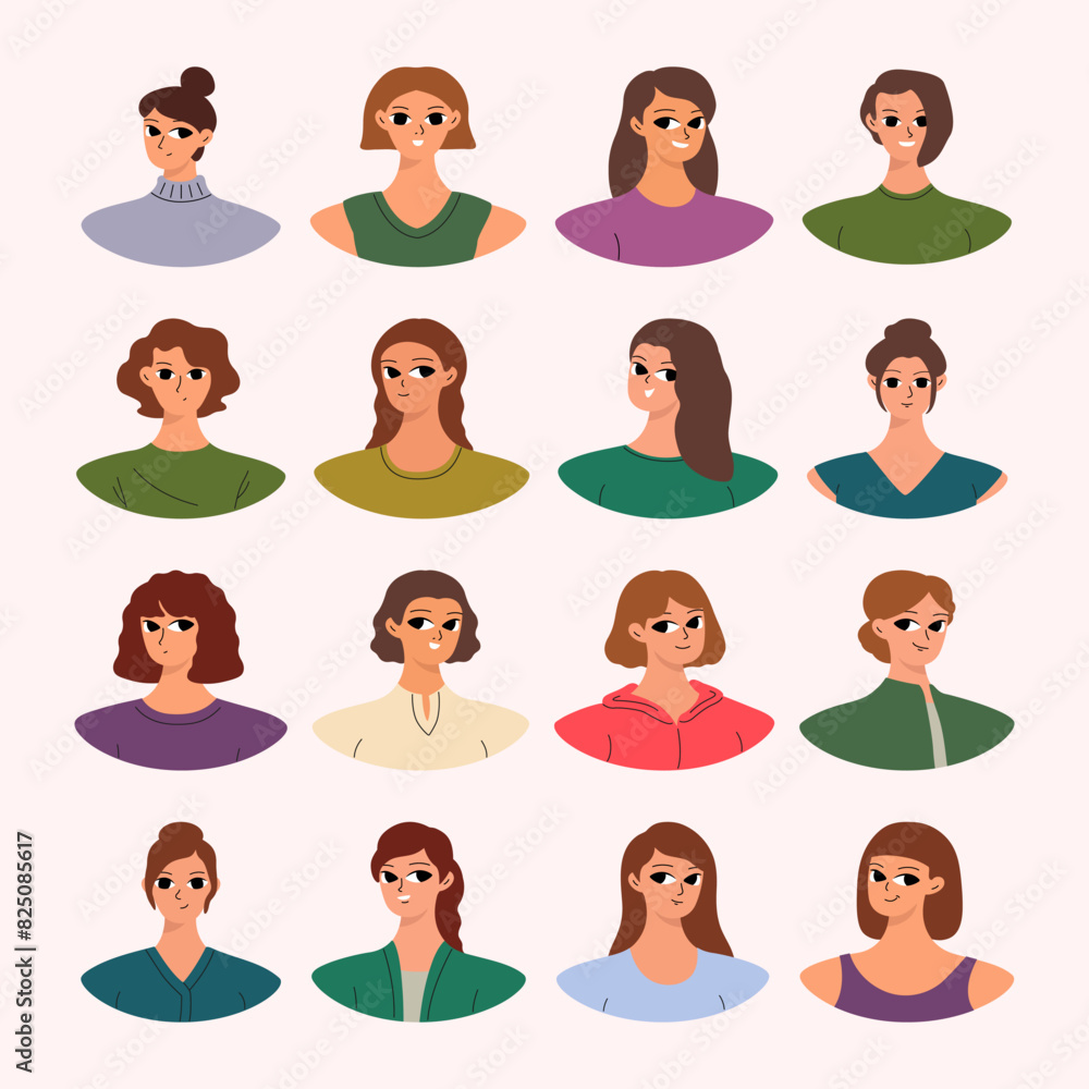 Set of female user portraits. Collection of varios young women faces. Isolated flat vector in simple cartoon style. Set of female user portraits. Collection of varios young women faces. Isolated flat vector in simple cartoon style.