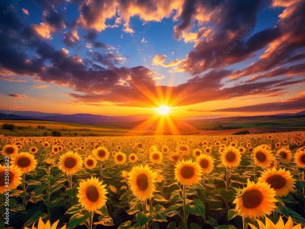 A vibrant sunset casts golden rays over a field of sunflowers, creating a breathtaking landscape.