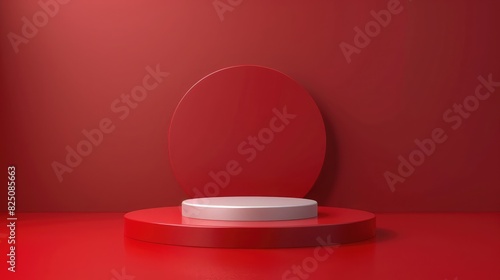 3D realistic empty red podium pedestal stand minimal wall scene on red background. Use for product display presentation  cosmetic display mockup  showcase