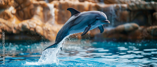 A dolphin leaps out of the water, creating a splash