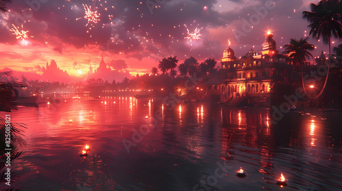  A dusk scene of a riverside area with Diwali fireworks lighting up the sky, creating a serene and festive atmosphere