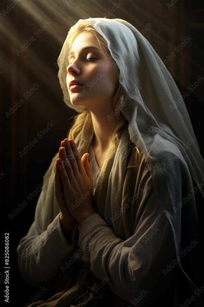 A woman is praying with her hands clasped together. She is wearing a white veil and a green scarf. The image has a serene and peaceful mood A woman is praying with her hands clasped together. She is wearing a white veil and a green scarf. The image has a serene and peaceful mood