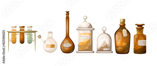 Vintage pharmacy set of glass jars and flasks