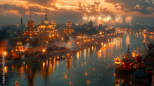  A dusk scene of a temple with fireworks lighting up the sky in the background, creating a serene and Diwali festive atmosphere