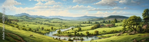 Serene valley landscape with lush greenery, winding river, and distant hills under a cloudy sky.
