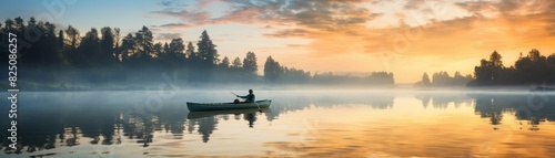 Serene sunrise over a still lake with a lone figure in a boat. photo