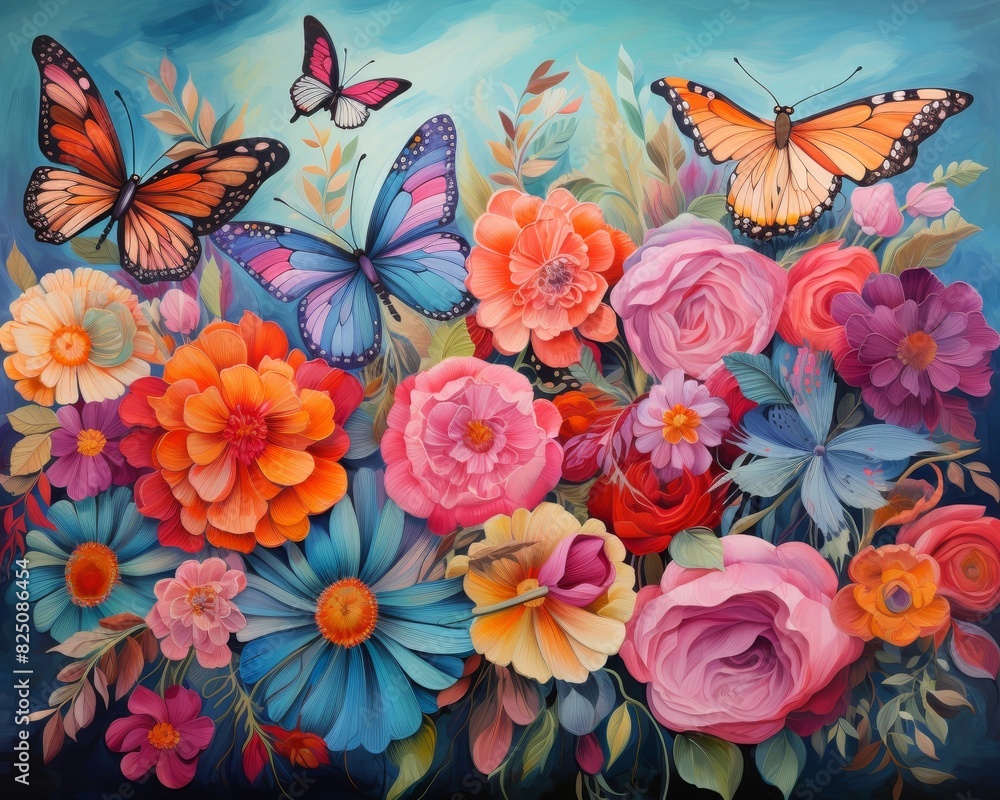 Vibrant butterflies flutter around a lush bouquet of colorful flowers. Vibrant butterflies flutter around a lush bouquet of colorful flowers.