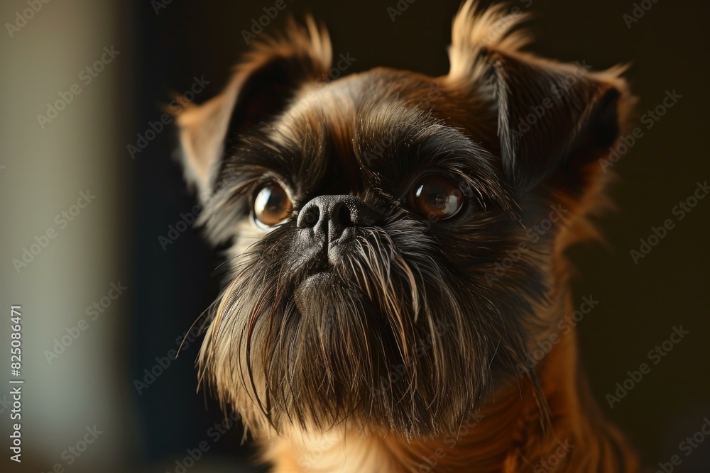 Close up portrait of a cute and fluffy brown brussels griffon dog with attentive eyes, illuminated in warm indoor lighting, showcasing the detailed fur texture and whiskers Close up portrait of a cute and fluffy brown brussels griffon dog with attentive eyes, illuminated in warm indoor lighting, showcasing the detailed fur texture and whiskers