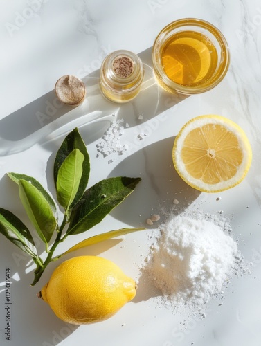 A bowl of sugar and a lemon on a table. The lemon is cut in half and the sugar is sprinkled on top photo