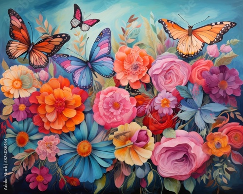Vibrant butterflies flutter around a lush bouquet of colorful flowers.
