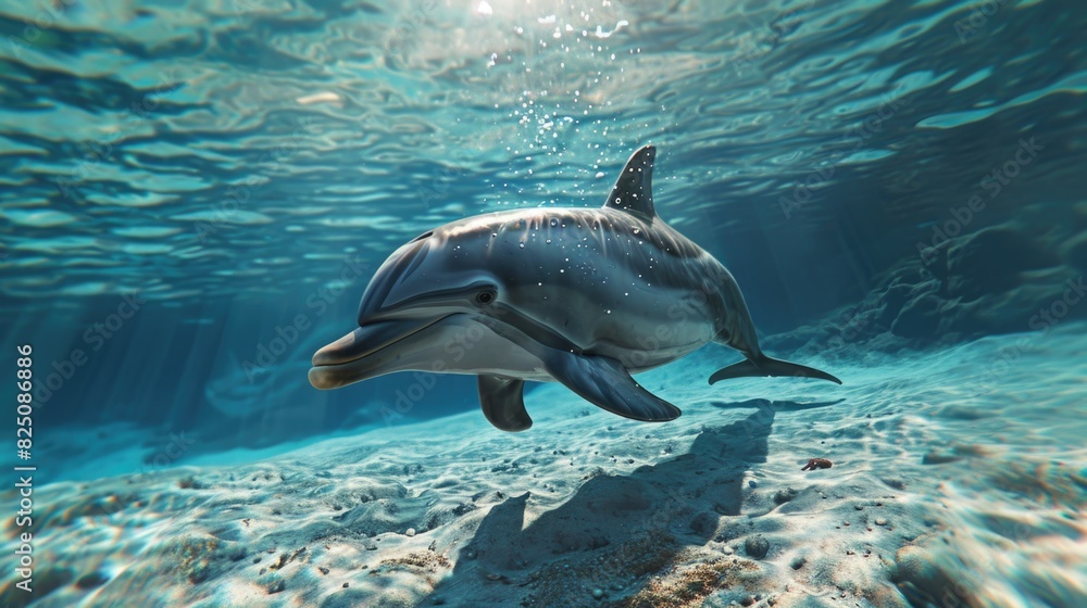 Obraz premium A dolphin is swimming in the ocean. The water is clear and the sun is shining on the dolphin