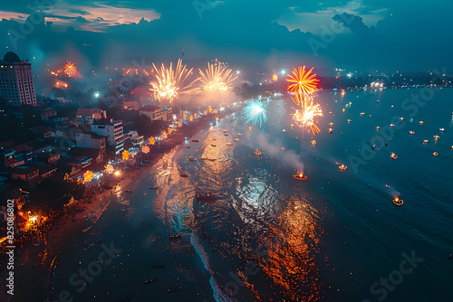  A panoramic view of a beach with people celebrating Diwali with fireworks, creating a lively and festive scene