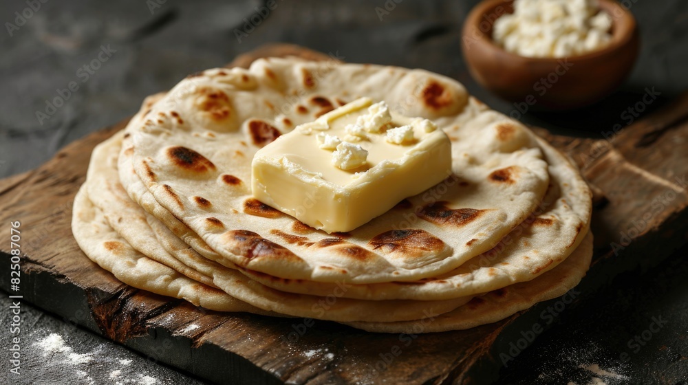 A plate of tortillas with a slice of butter on top. The butter is spread out on the tortilla, and the plate is on a wooden table A plate of tortillas with a slice of butter on top. The butter is spread out on the tortilla, and the plate is on a wooden table