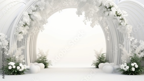 Elegant white floral archway and decorative white flowers, perfect for wedding ceremonies, celebrations, or romantic events.