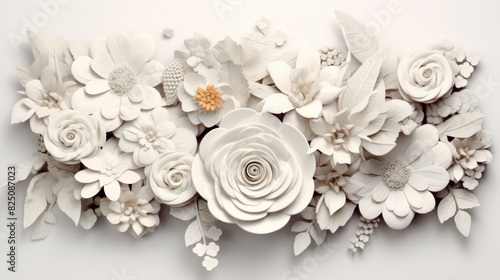Elegant white paper flowers beautifully arranged on a wall, showcasing intricate details and delicate craftsmanship.