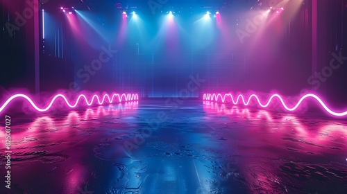 Neon lights forming sound waves on an empty stage  glowing in pink and blue hues against the dark background. 