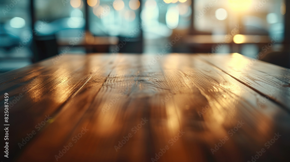 A wooden table with a blurry background. The table is the main focus of the image. The background is blurry, which gives the image a sense of depth and atmosphere