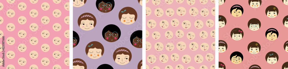 Four endless patterns, handsome girlish faces. Colorful abstract background, women image, surface design for branding. Four endless patterns, handsome girlish faces. Colorful abstract background, women image, surface design for branding.