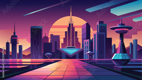 Retrofuturism city landscape vector illustration