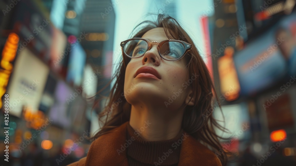 Dreamy Urban Gaze: Young Woman Exploring the City Lights Dreamy Urban Gaze: Young Woman Exploring the City Lights