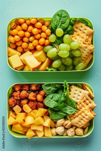 Top view of a balanced lunch box with nutritious food items on soft pastel colored background