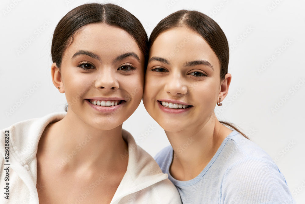 Two pretty, sporty, and brunette teenage girls strike a pose together on a grey studio background, exuding confidence and camaraderie. Two pretty, sporty, and brunette teenage girls strike a pose together on a grey studio background, exuding confidence and camaraderie.