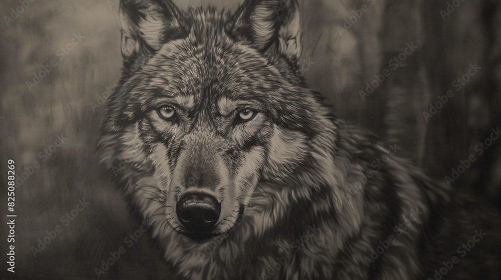 A black and white image of a wolf's face.