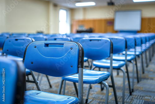 Rows of blue chairs in room with projector screen. Generative AI