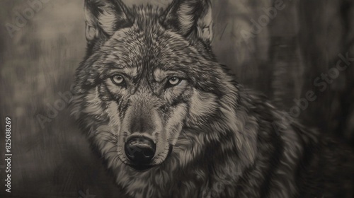 A black and white image of a wolf's face. photo
