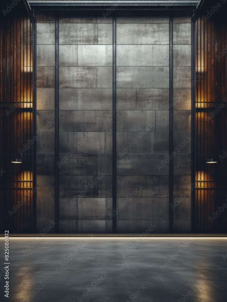 A large, empty room with a grey wall and a black door. The room is lit by a single light source, which casts a warm glow on the walls. Scene is calm and serene, with the empty space A large, empty room with a grey wall and a black door. The room is lit by a single light source, which casts a warm glow on the walls. Scene is calm and serene, with the empty space