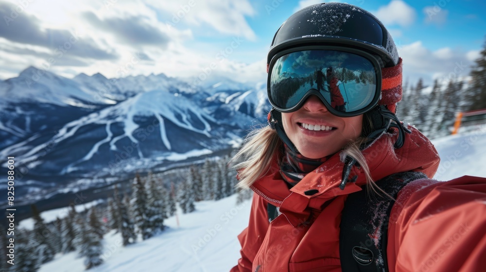 A woman wearing a red jacket and goggles is smiling as she takes a selfie. Concept of fun and adventure, as the woman is enjoying her time skiing on a snowy mountain