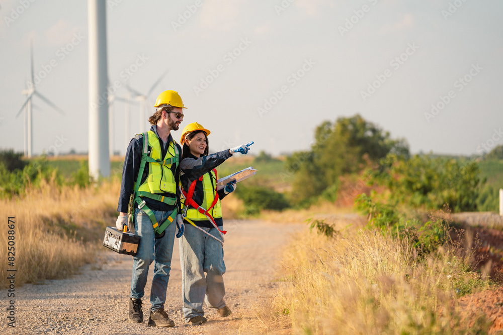 Engineers are working with wind turbines, Green ecological power energy generation, and sustainable windmill field farms. Alternative renewable energy for clean energy concept. Engineers are working with wind turbines, Green ecological power energy generation, and sustainable windmill field farms. Alternative renewable energy for clean energy concept.