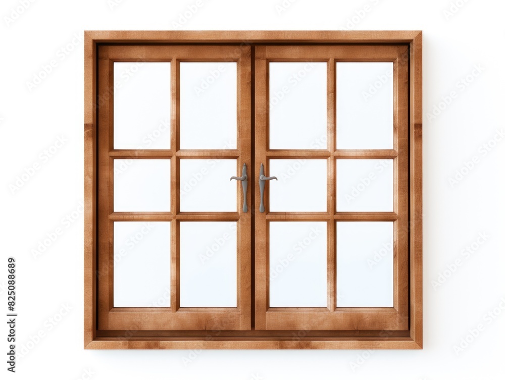 A wooden window with a white frame and a silver handle A wooden window with a white frame and a silver handle