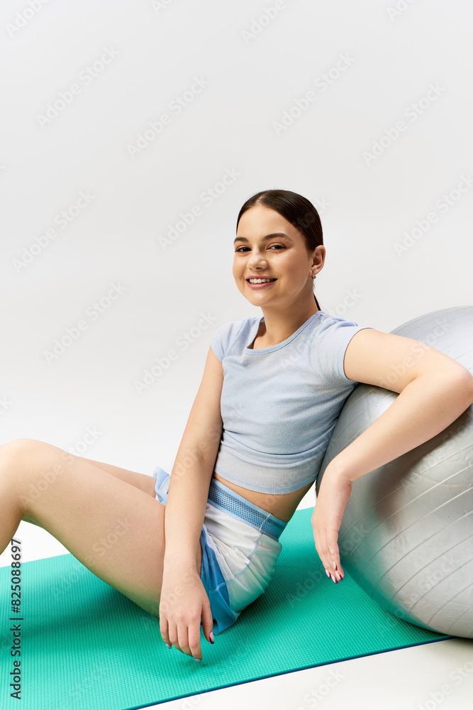 A pretty, brunette teenage girl in sporty attire gracefully balances on a yoga ball in a studio A pretty, brunette teenage girl in sporty attire gracefully balances on a yoga ball in a studio