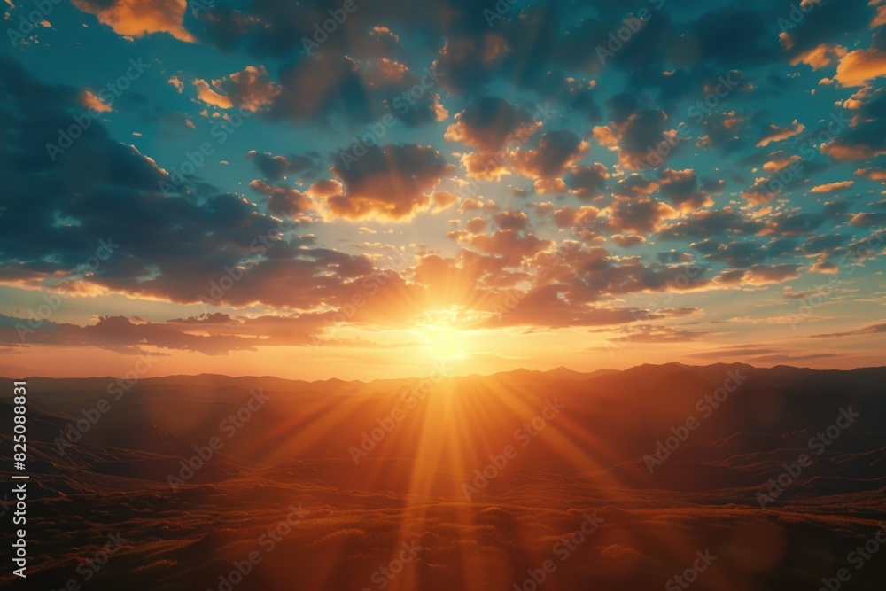 The sun is shining brightly in the sky, casting a warm glow over the mountains. The clouds in the sky add a sense of depth and texture to the scene, creating a peaceful and serene atmosphere