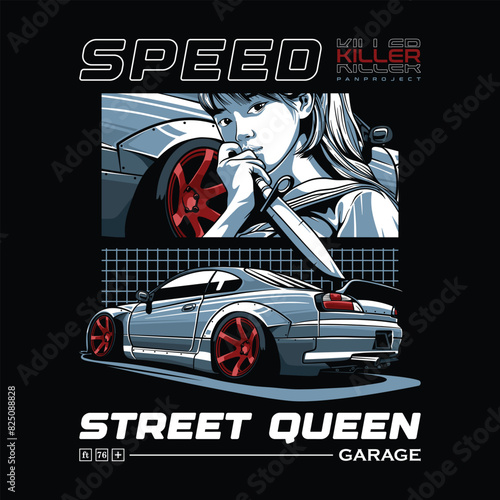car design illustration, street racing car with street queen character holding a dagger