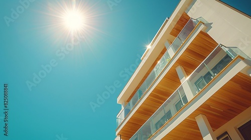Bottom view of a modern apartment building on a sunny day, showcasing its stylish facade. Text copy space