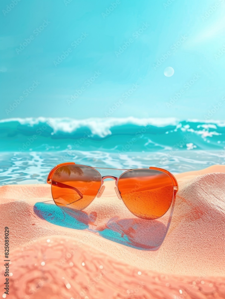 A pair of sunglasses is sitting on the sand at the beach. The sunglasses are orange and reflect the sunlight. The scene is bright and sunny, and the sunglasses add a sense of relaxation