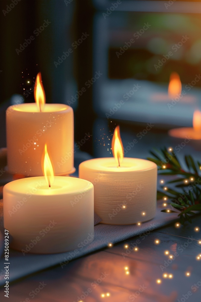 Three candles are lit and placed on a table Three candles are lit and placed on a table