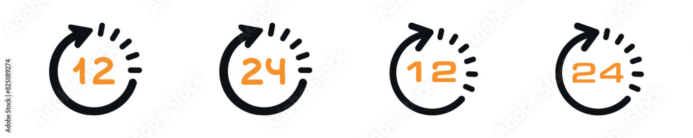 PrintSymbol 12 and 24 hours. Modern vector illustration hour, minute. Simple set icon clock in vector design style PrintSymbol 12 and 24 hours. Modern vector illustration hour, minute. Simple set icon clock in vector design style